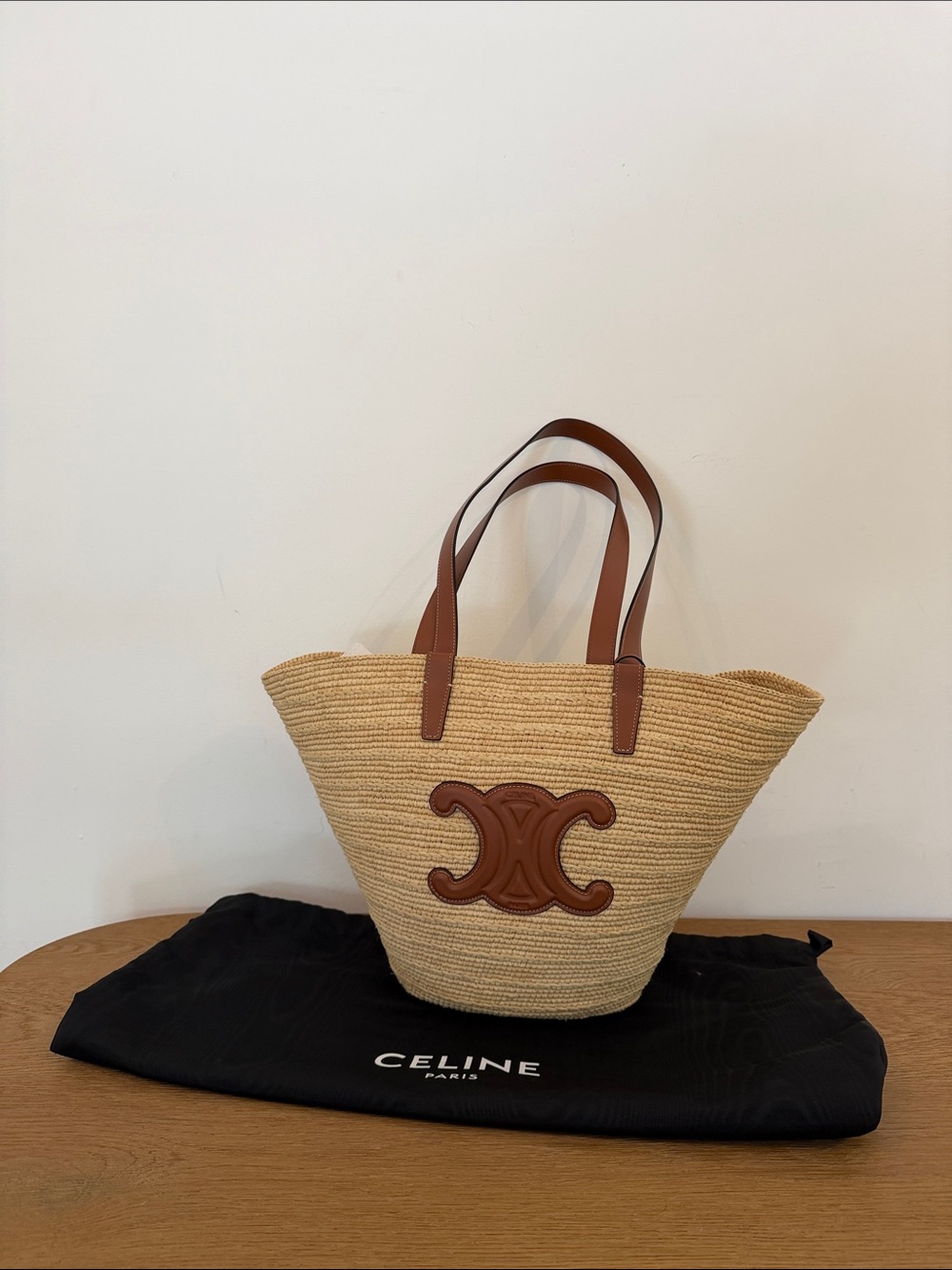 Celine Straw Tote with Brown Leather Trim and Logo